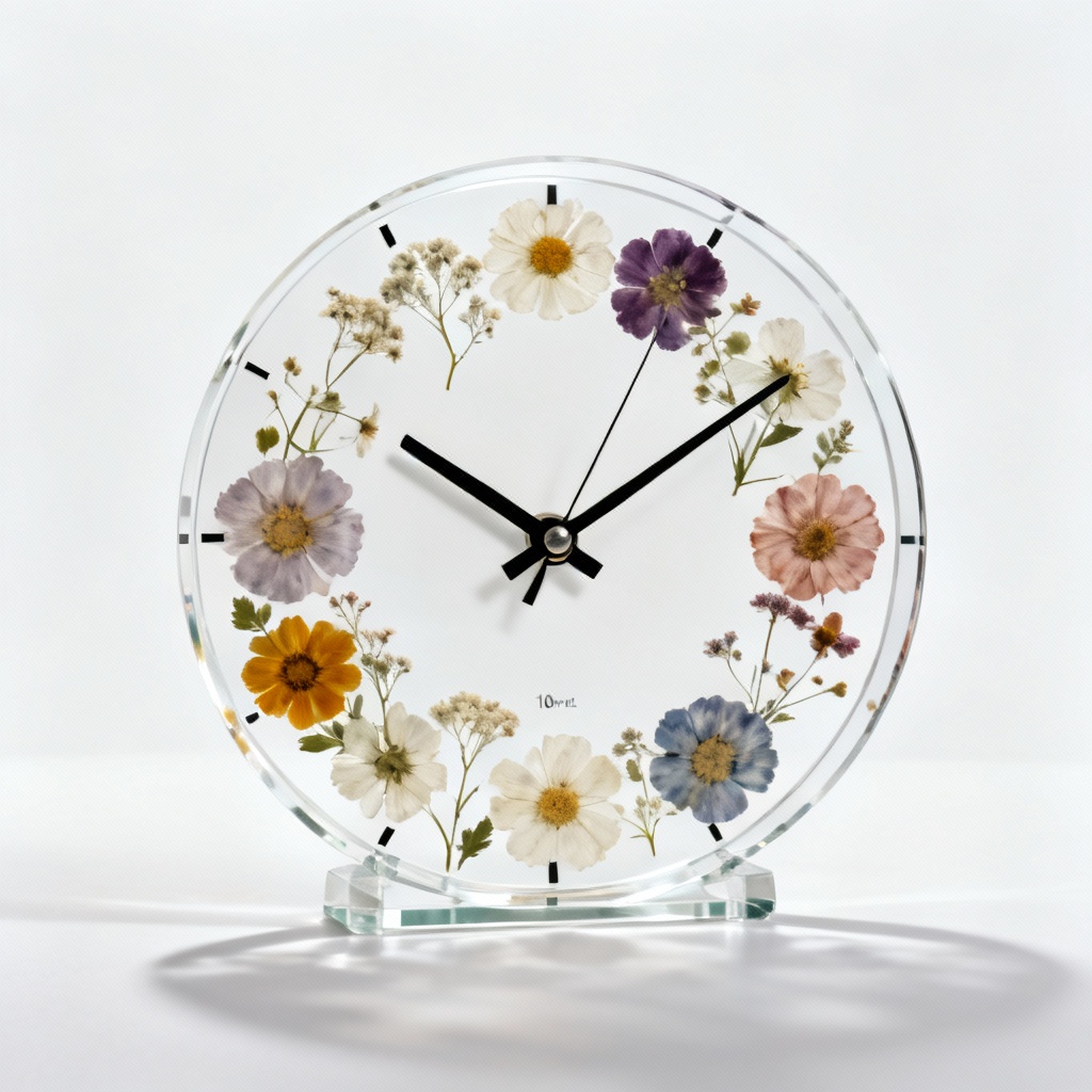 Acrylic Wall Clock with Embedded Pressed Flowers - 10 Inch
