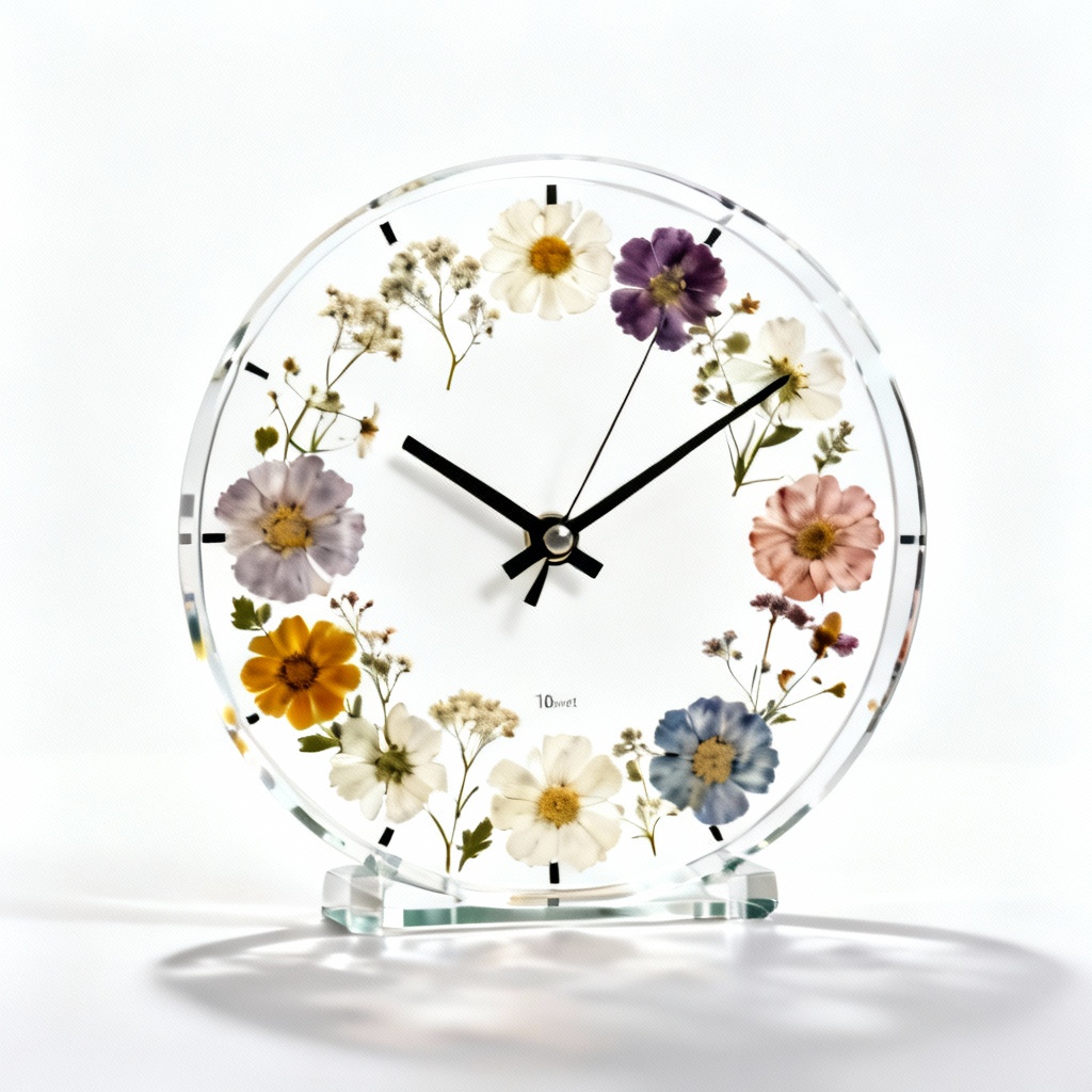 Acrylic Wall Clock with Embedded Pressed Flowers - 10 Inch