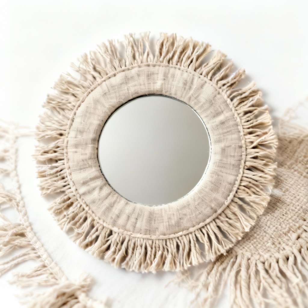 Bohemian Fabric Mirror with Linen Fringe - 12 Inch Diameter