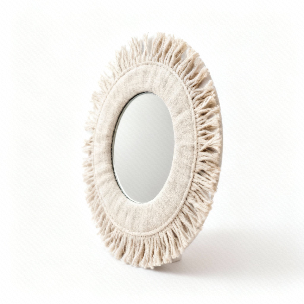 Bohemian Fabric Mirror with Linen Fringe - 12 Inch Diameter