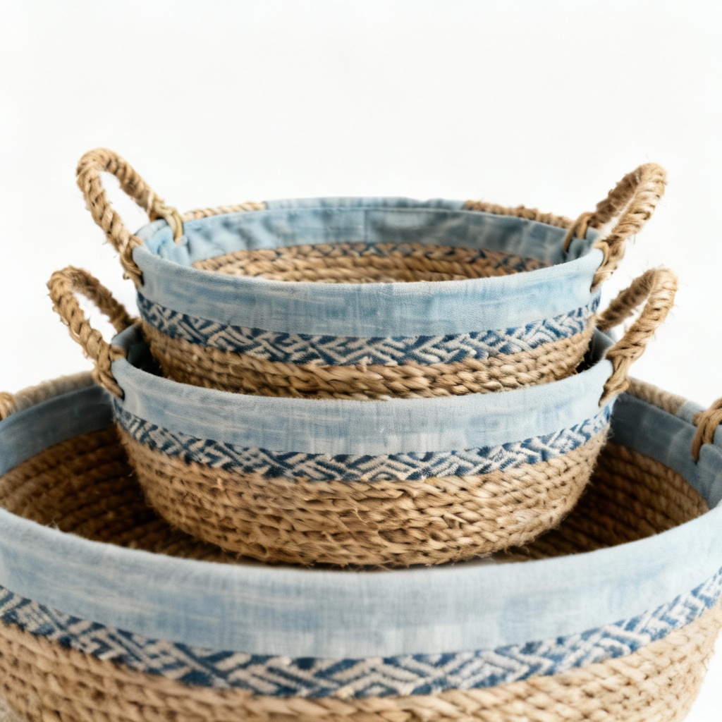 Coastal Fabric & Jute Decorative Basket Set - Nested Set of 2
