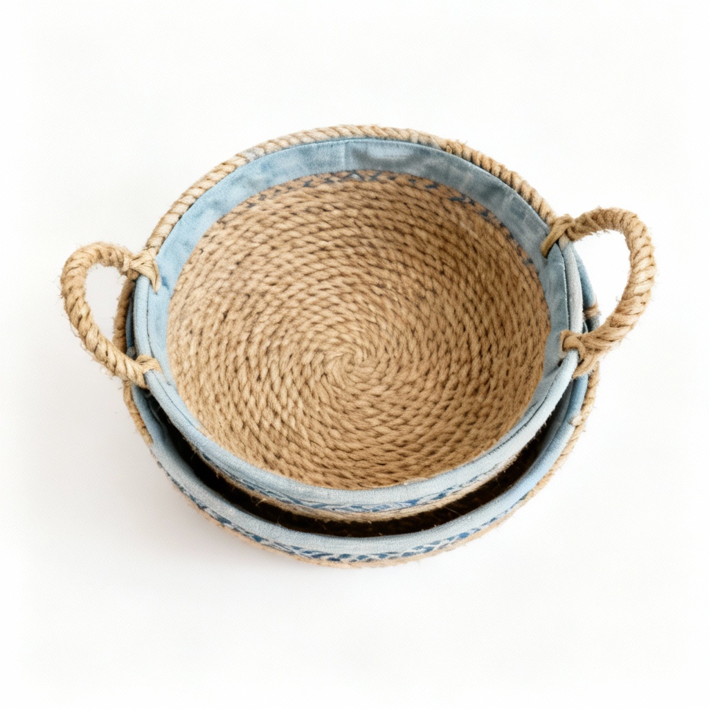 Coastal Fabric & Jute Decorative Basket Set - Nested Set of 2