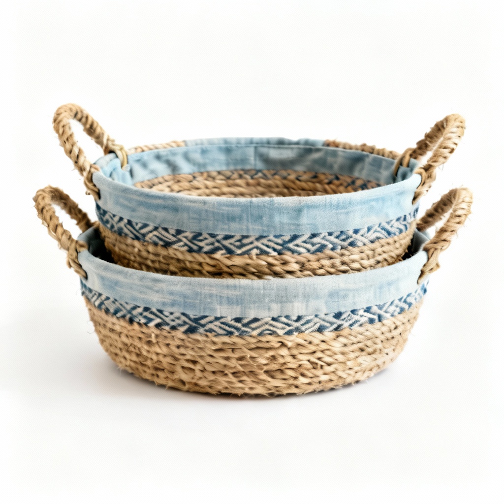 Coastal Fabric & Jute Decorative Basket Set - Nested Set of 2