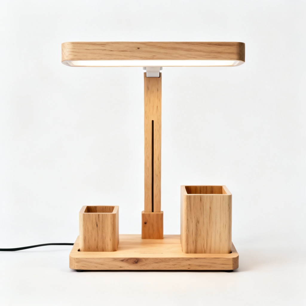 Contemporary Wood & Pine Desktop Organizer Lamp