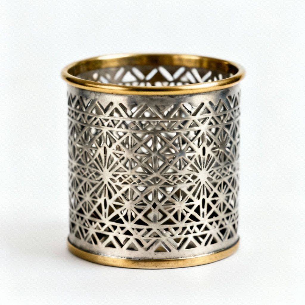 Etched Metal Utensil Holder with Brass Trim - Geometric Design