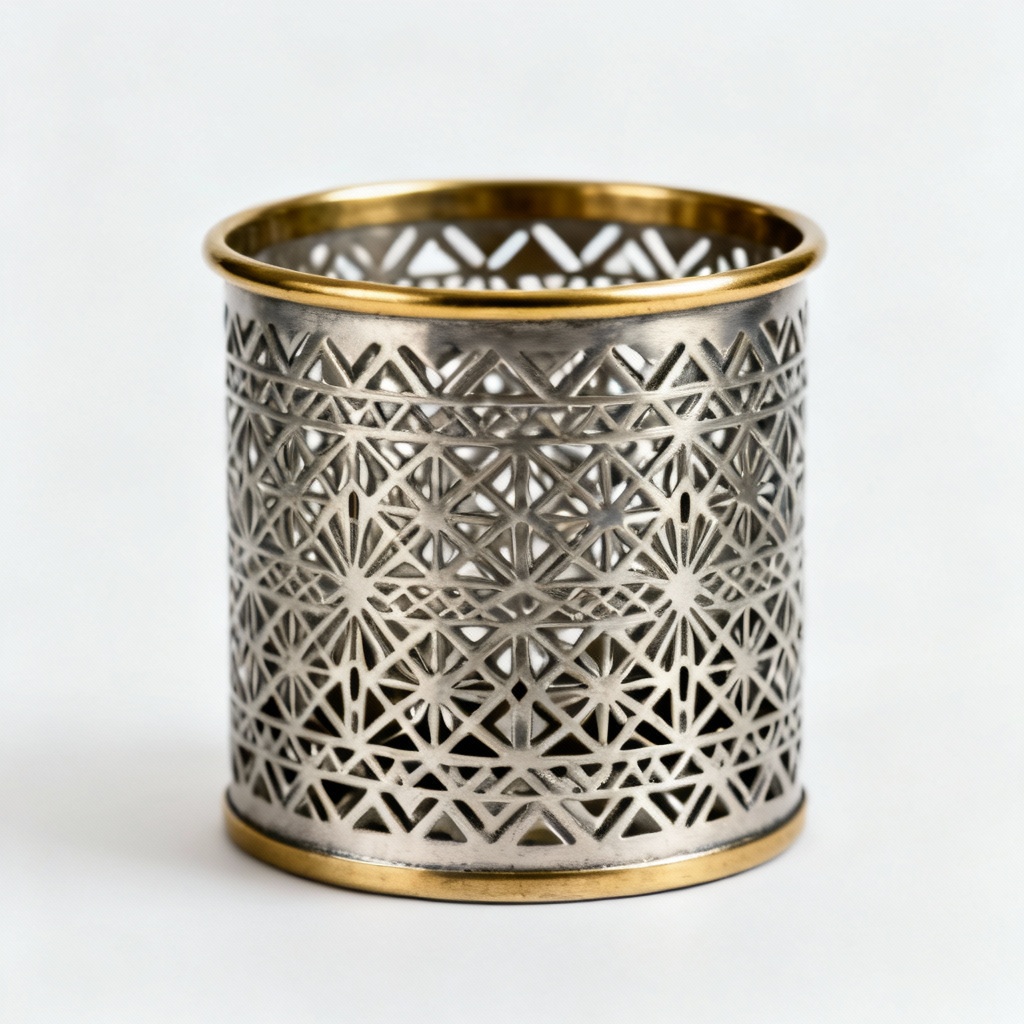 Etched Metal Utensil Holder with Brass Trim - Geometric Design