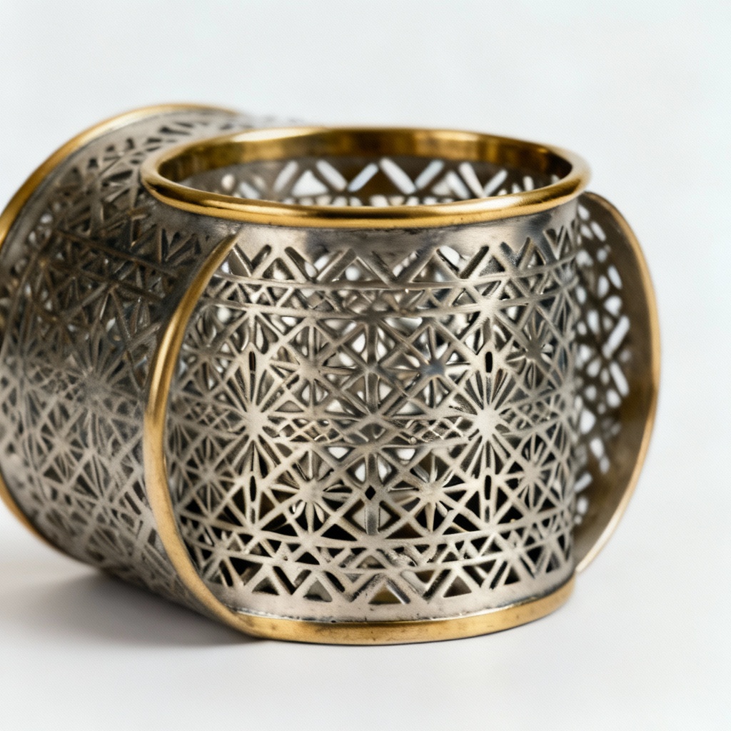 Etched Metal Utensil Holder with Brass Trim - Geometric Design