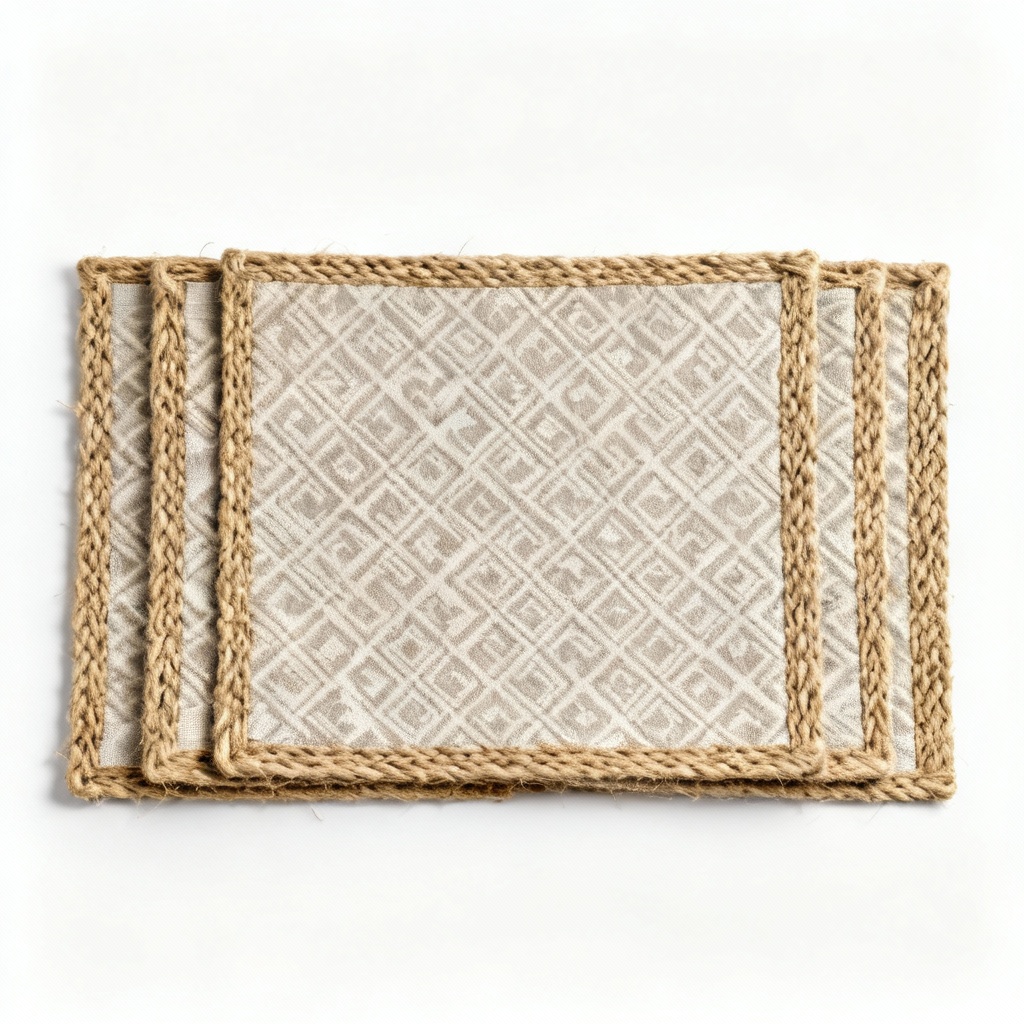 Fabric & Jute Woven Placemats with Subtle Geometric Pattern - Set of 4