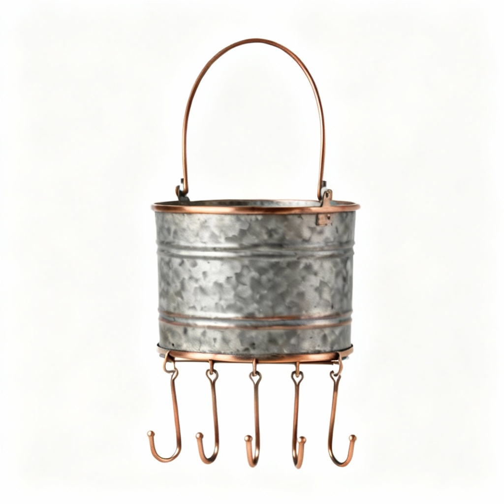 Farmhouse Metal & Copper Utensil Holder with Hanging Hooks