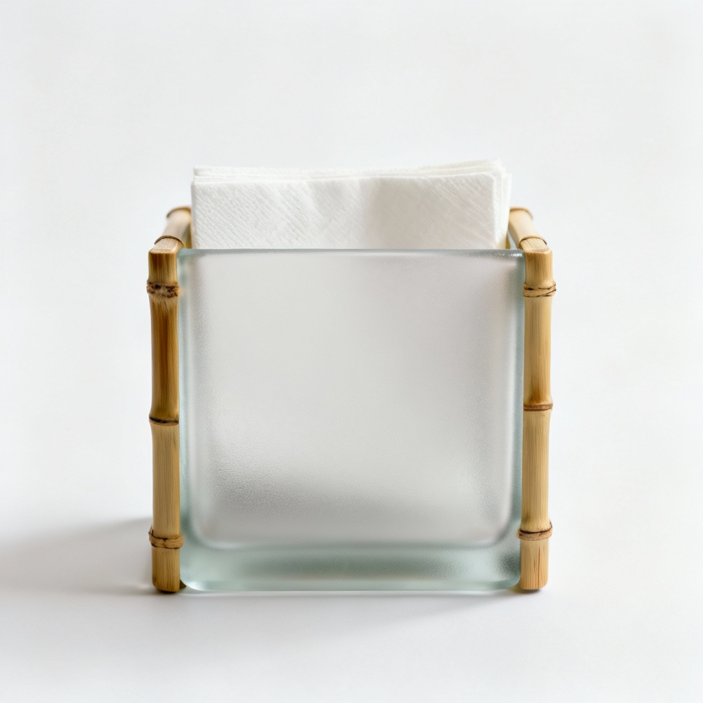Frosted Glass Napkin Holder with Bamboo Accents - Asian Inspired