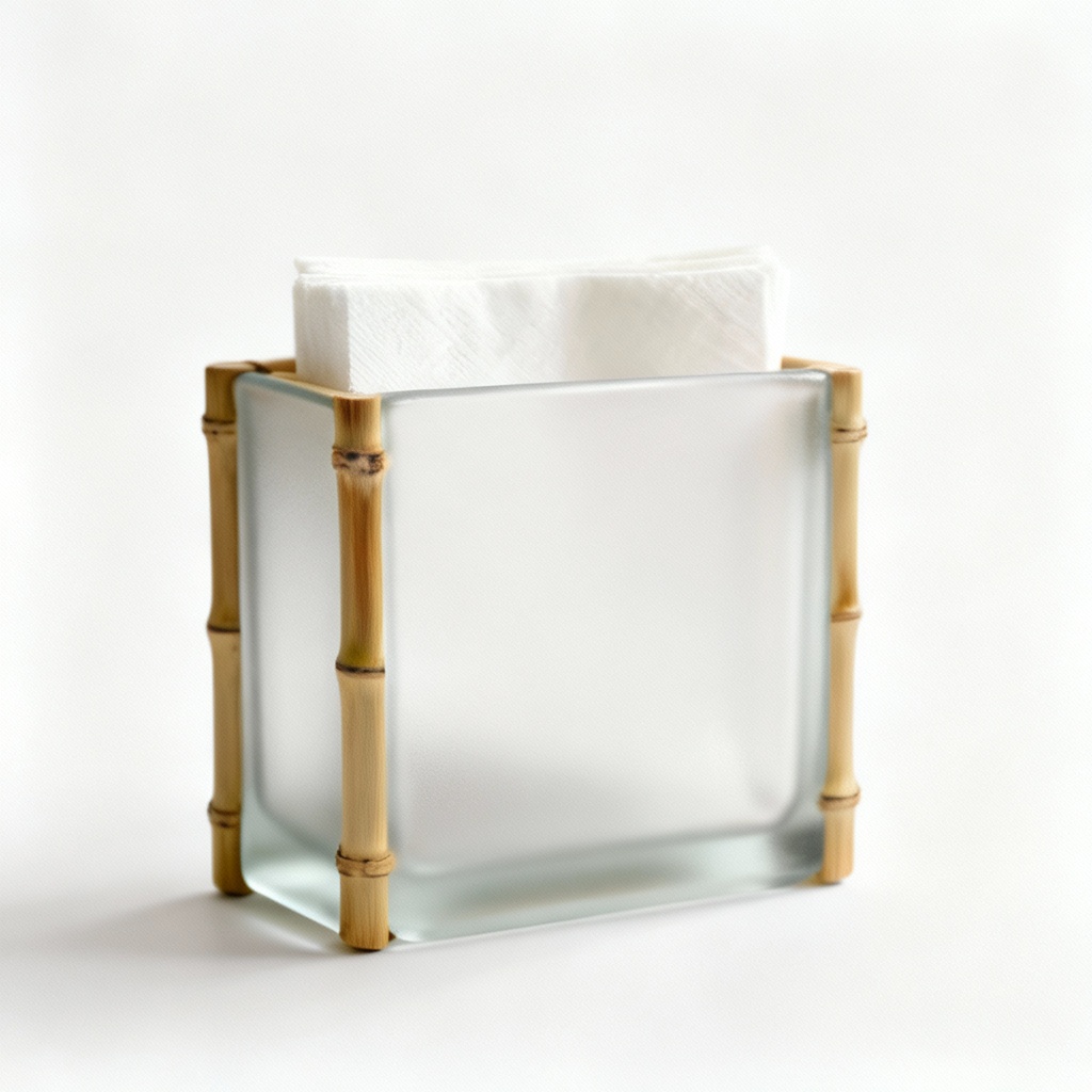 Frosted Glass Napkin Holder with Bamboo Accents - Asian Inspired