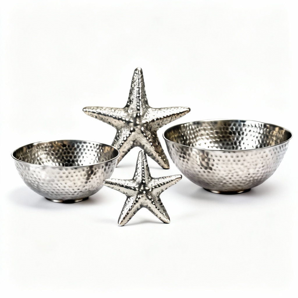 Hammered Metal Starfish Decorative Bowls - Set of 3, Coastal Style