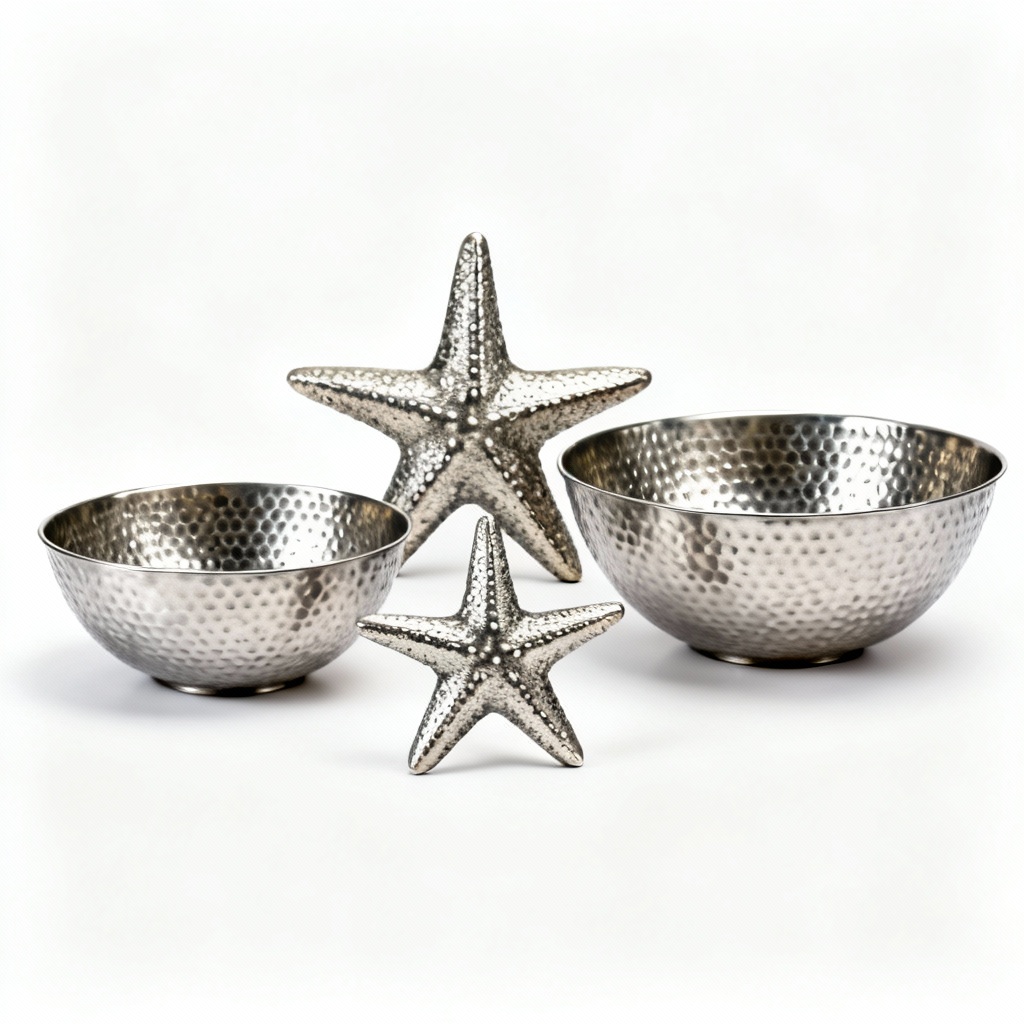 Hammered Metal Starfish Decorative Bowls - Set of 3, Coastal Style