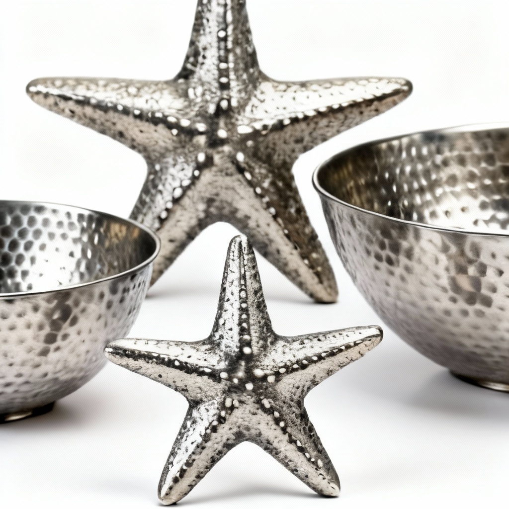 Hammered Metal Starfish Decorative Bowls - Set of 3, Coastal Style