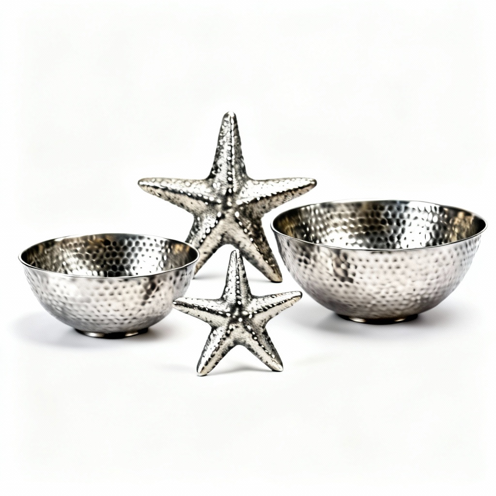 Hammered Metal Starfish Decorative Bowls - Set of 3, Coastal Style