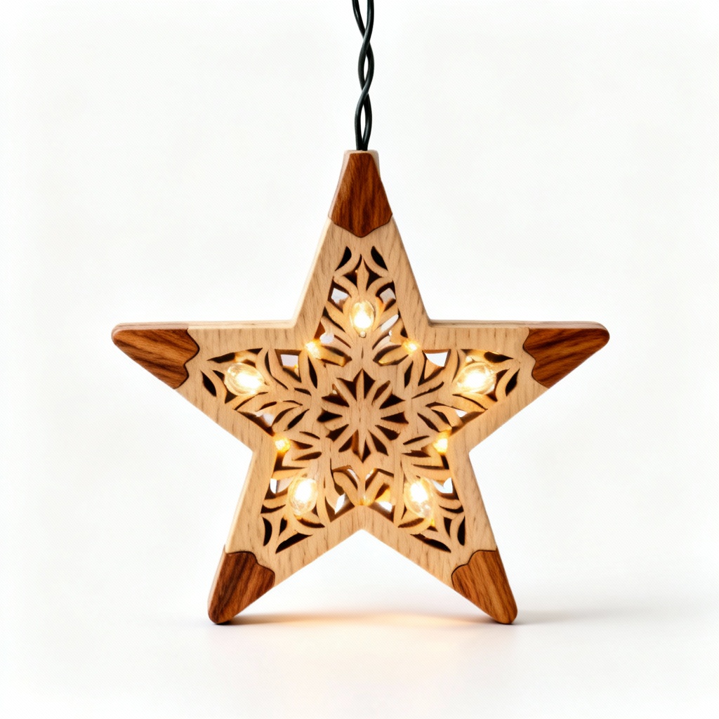 Hand-Carved Wooden Star String Lights - Oak Accents - 10 ft