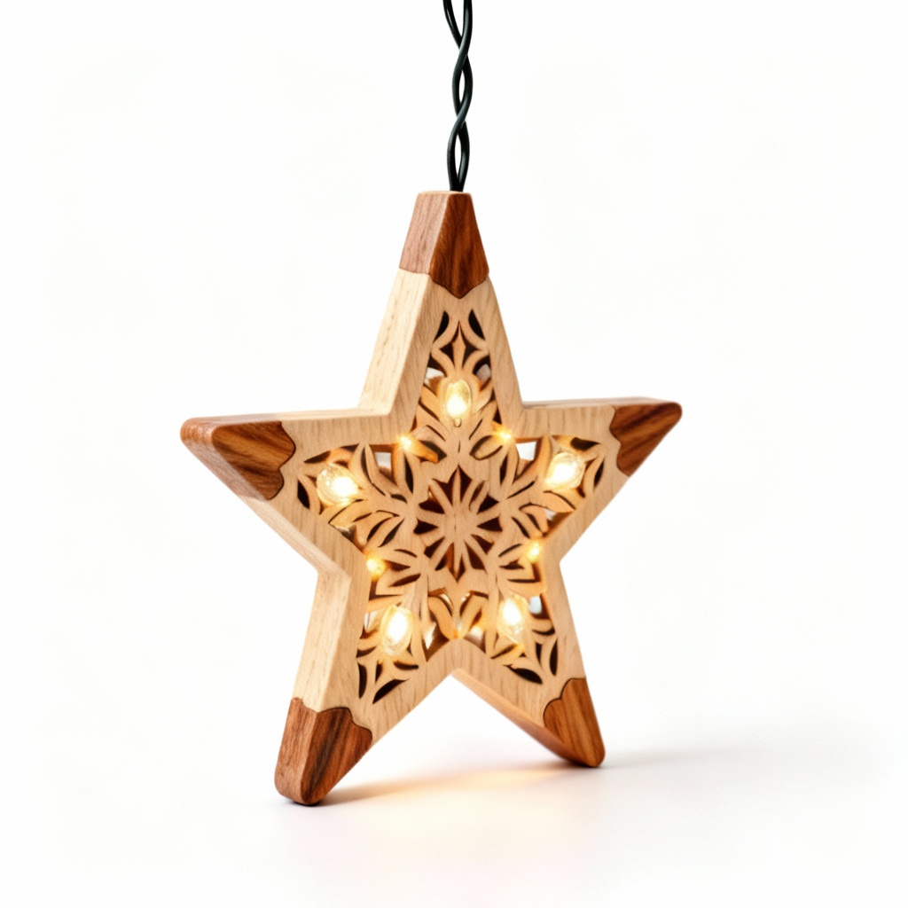 Hand-Carved Wooden Star String Lights - Oak Accents - 10 ft