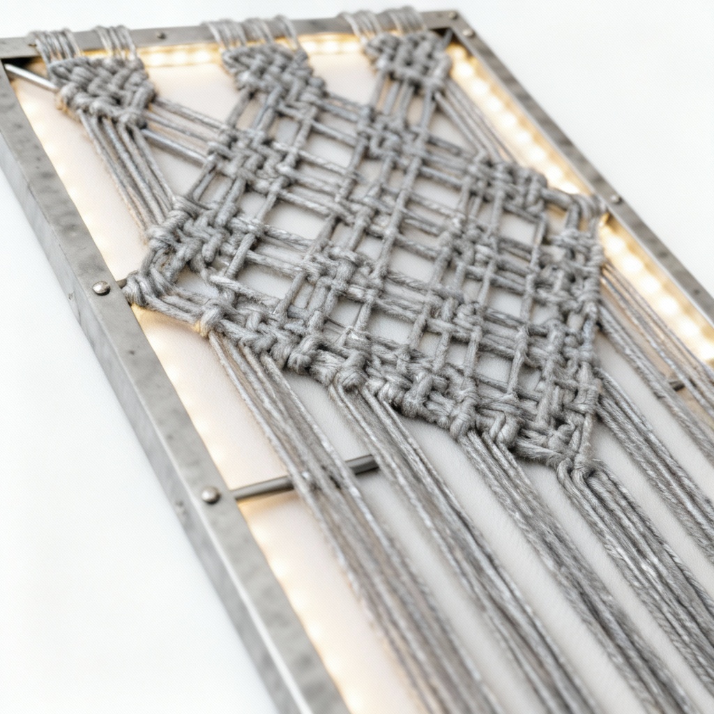 Industrial Metal & Aluminum Macrame Wall Decor with LED Accent Lighting - 12x24 Inch