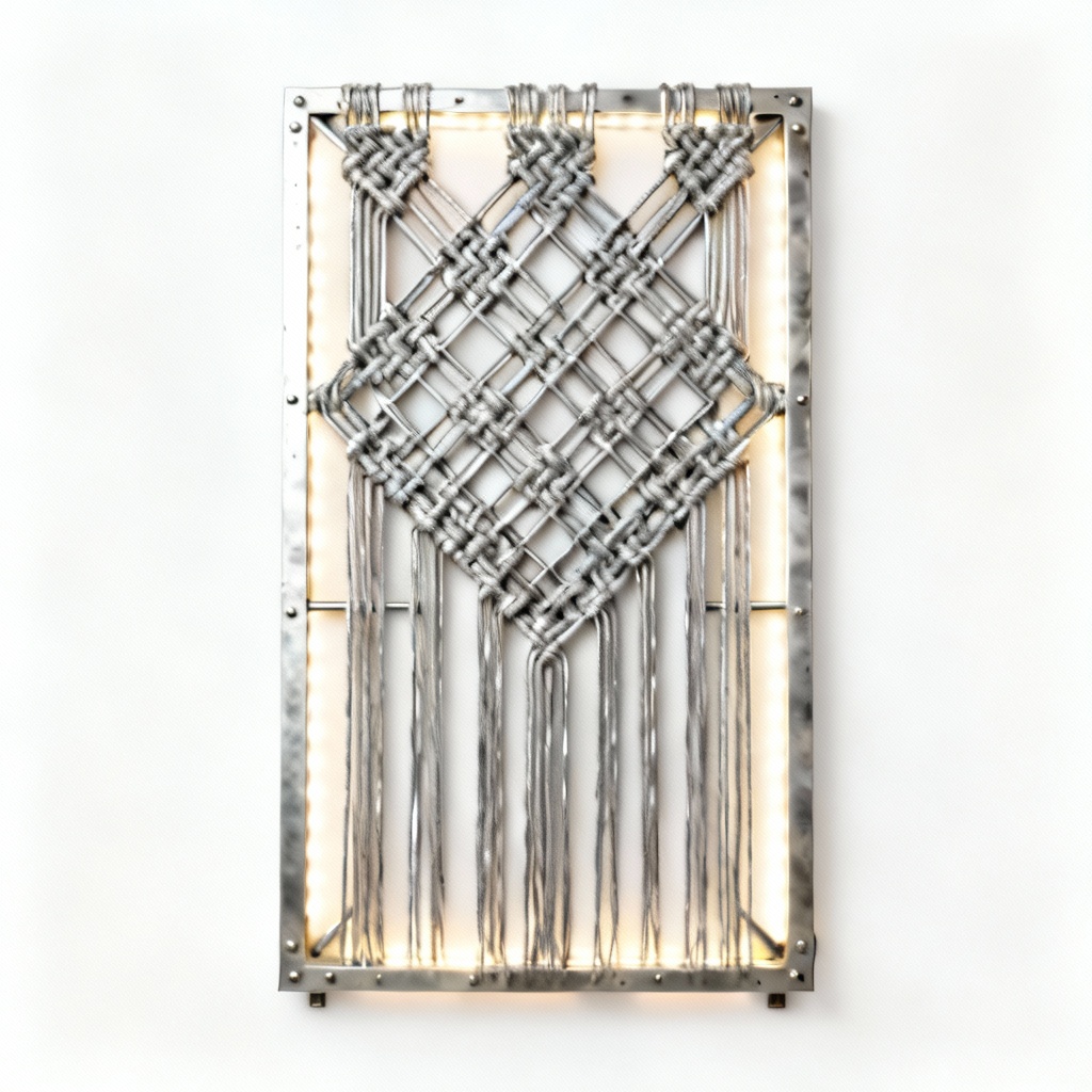 Industrial Metal & Aluminum Macrame Wall Decor with LED Accent Lighting - 12x24 Inch
