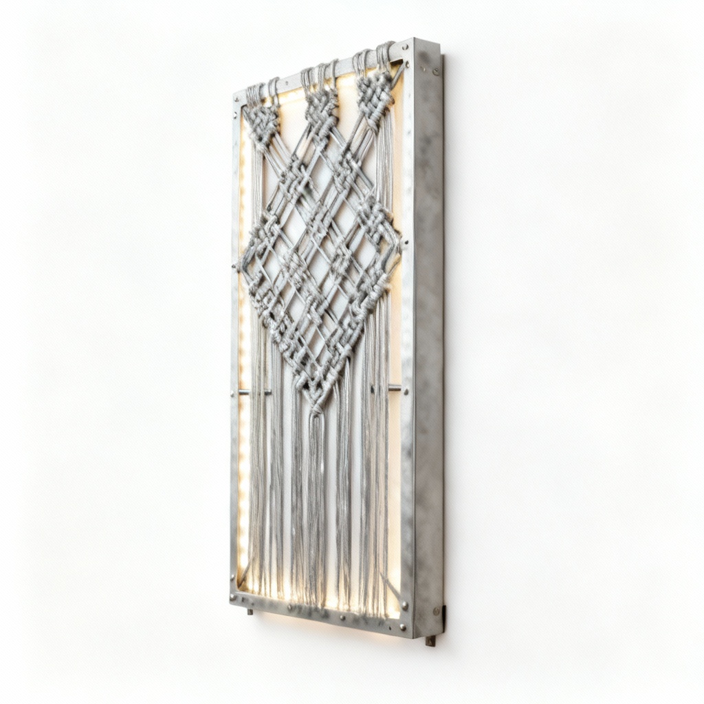 Industrial Metal & Aluminum Macrame Wall Decor with LED Accent Lighting - 12x24 Inch