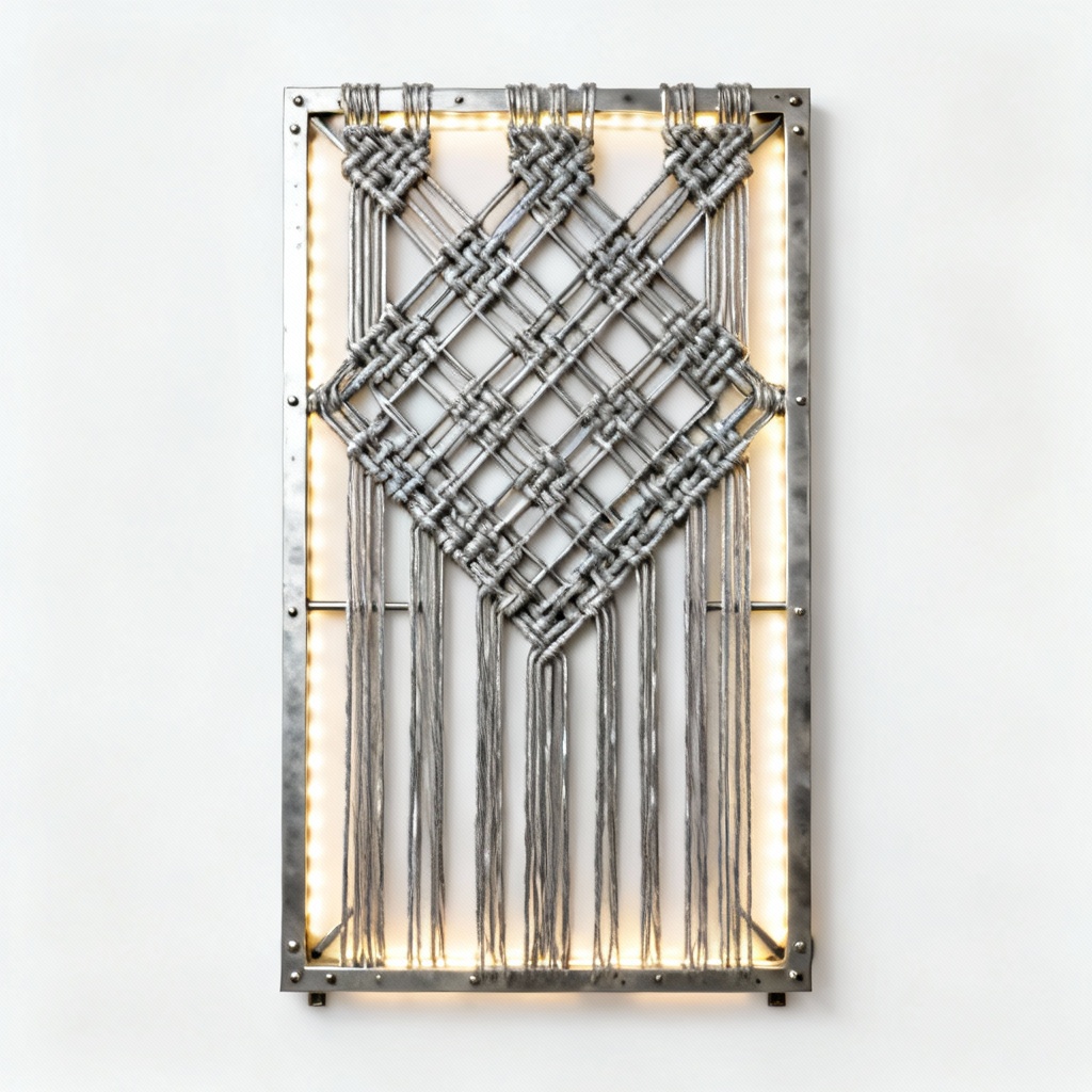 Industrial Metal & Aluminum Macrame Wall Decor with LED Accent Lighting - 12x24 Inch