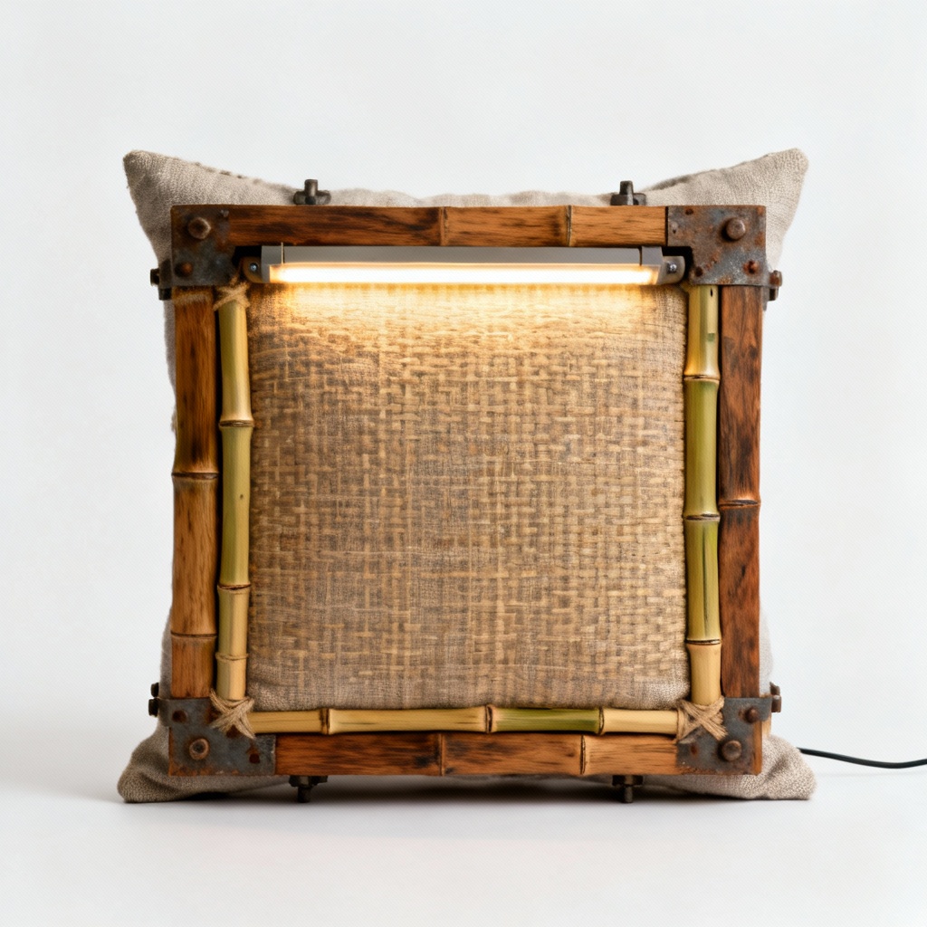 Industrial Wood & Bamboo Accent Pillow with Integrated LED Strip - 12x18 Inch