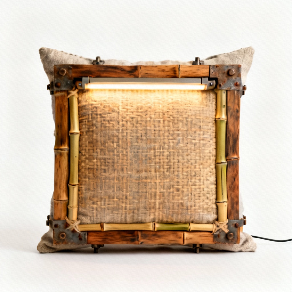 Industrial Wood & Bamboo Accent Pillow with Integrated LED Strip - 12x18 Inch