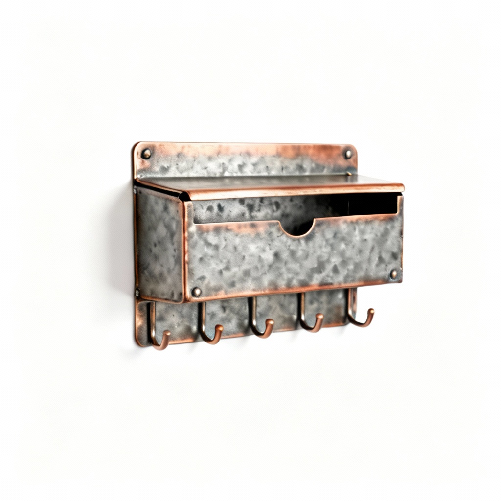 Metal & Copper Wall-Mounted Key & Mail Organizer - Farmhouse Style