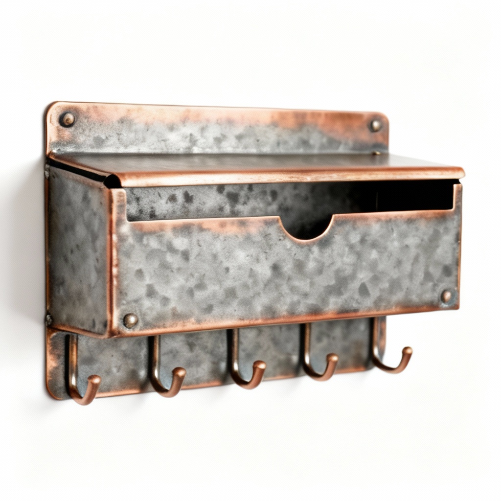 Metal & Copper Wall-Mounted Key & Mail Organizer - Farmhouse Style