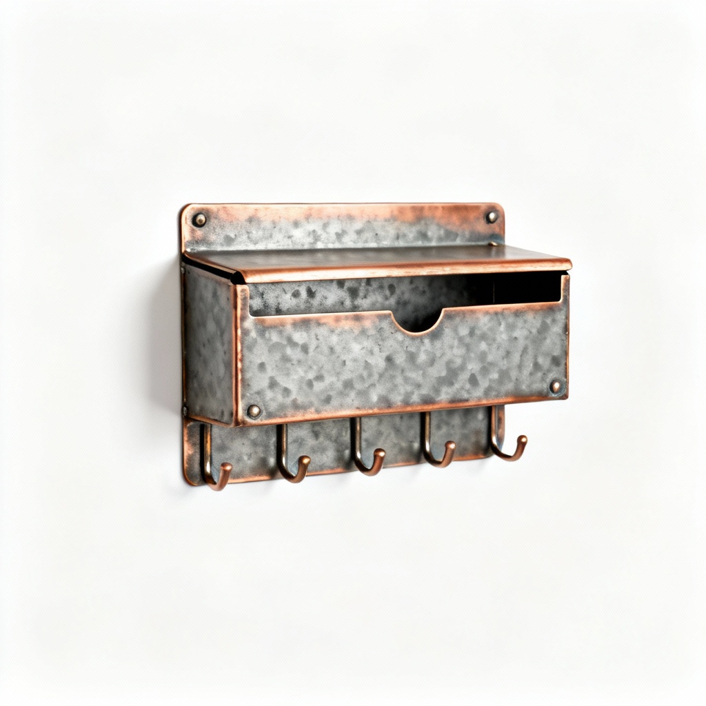 Metal & Copper Wall-Mounted Key & Mail Organizer - Farmhouse Style