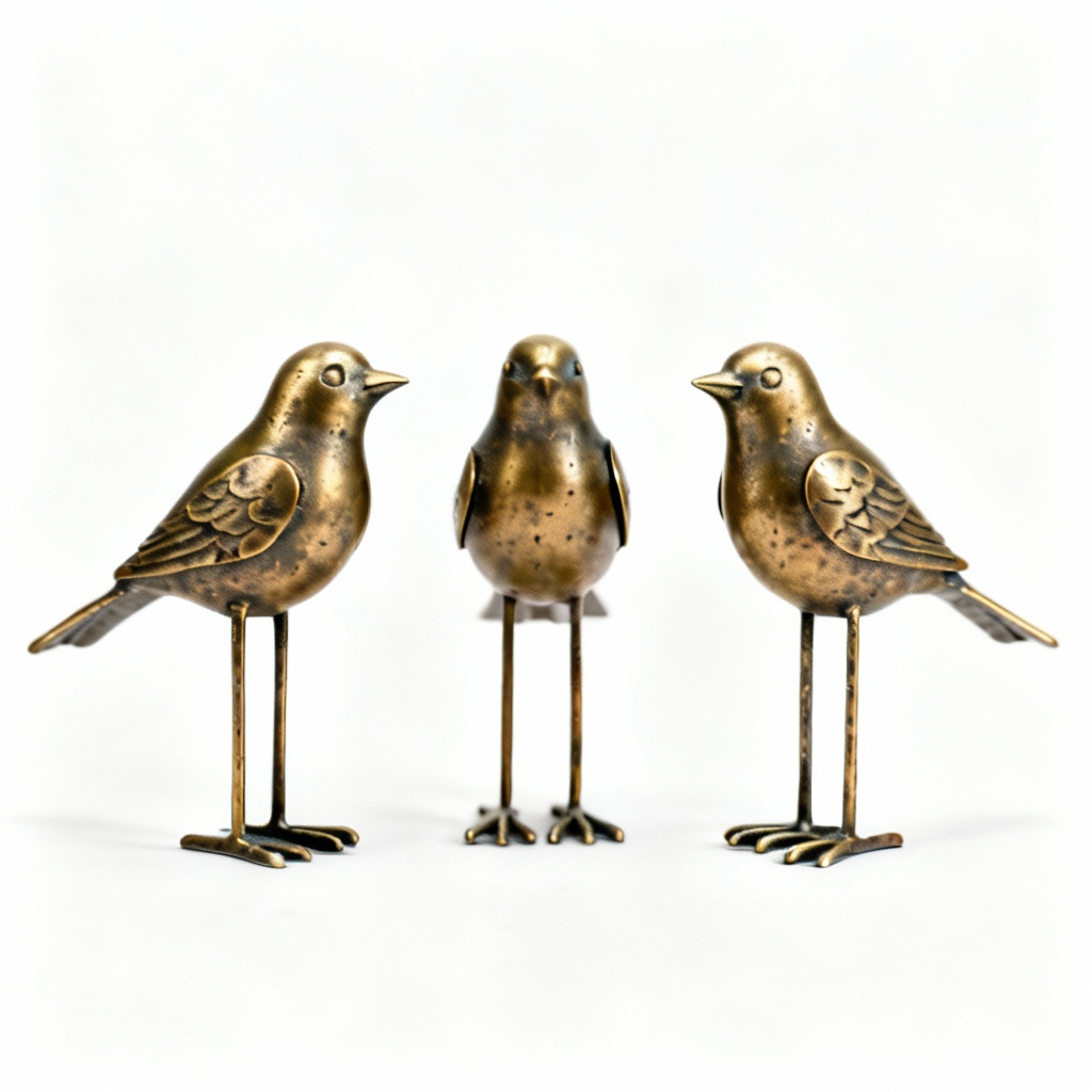 Metal Bird Figurines - Set of 3 - Antiqued Brass Finish - Rustic Charm
