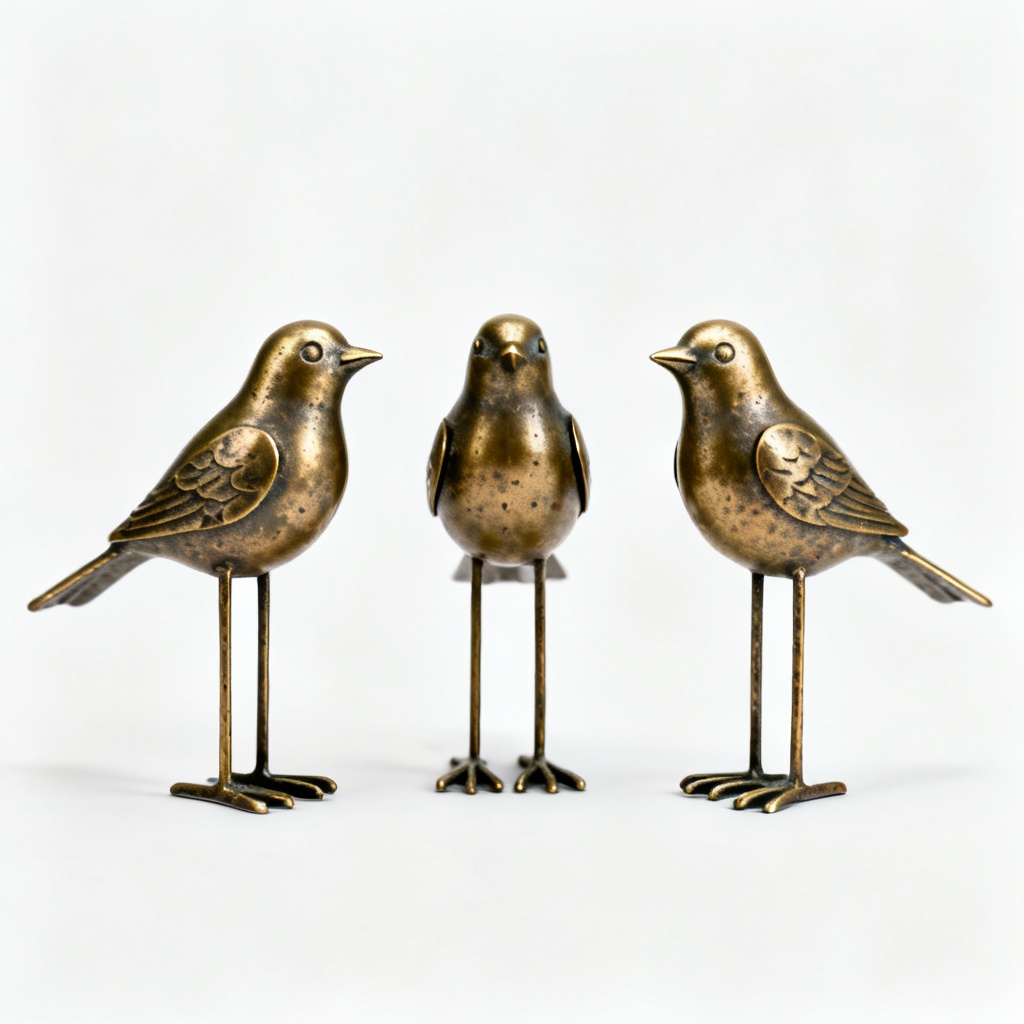 Metal Bird Figurines - Set of 3 - Antiqued Brass Finish - Rustic Charm