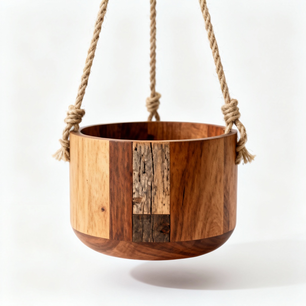 Mid-Century Modern Wooden Hanging Planter with Reclaimed Wood Accents