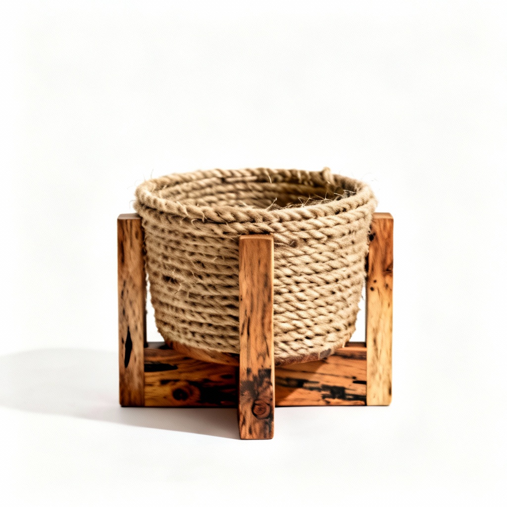 Mid-Century Modern Wooden Plant Basket with Reclaimed Wood Base