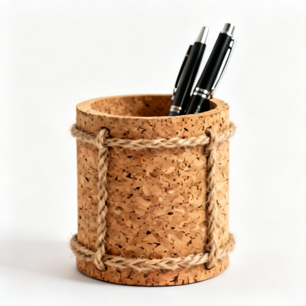 Natural Cork Desk Organizer with Rope Accents - Pen & Accessory Holder