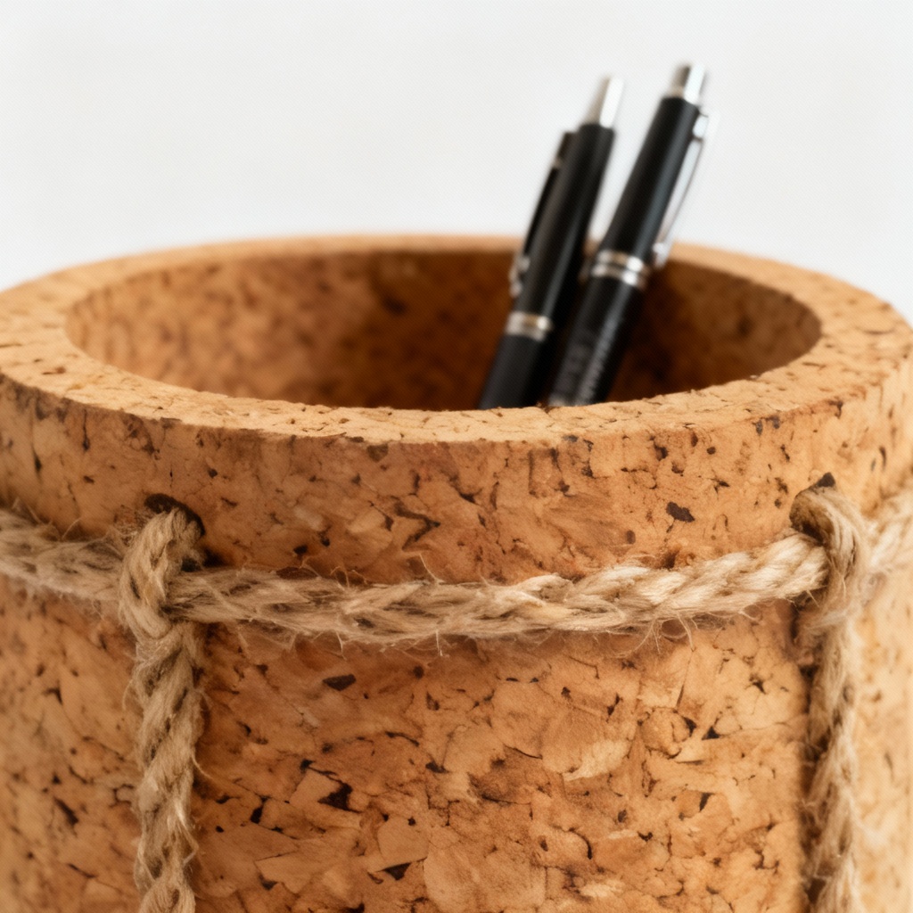 Natural Cork Desk Organizer with Rope Accents - Pen & Accessory Holder