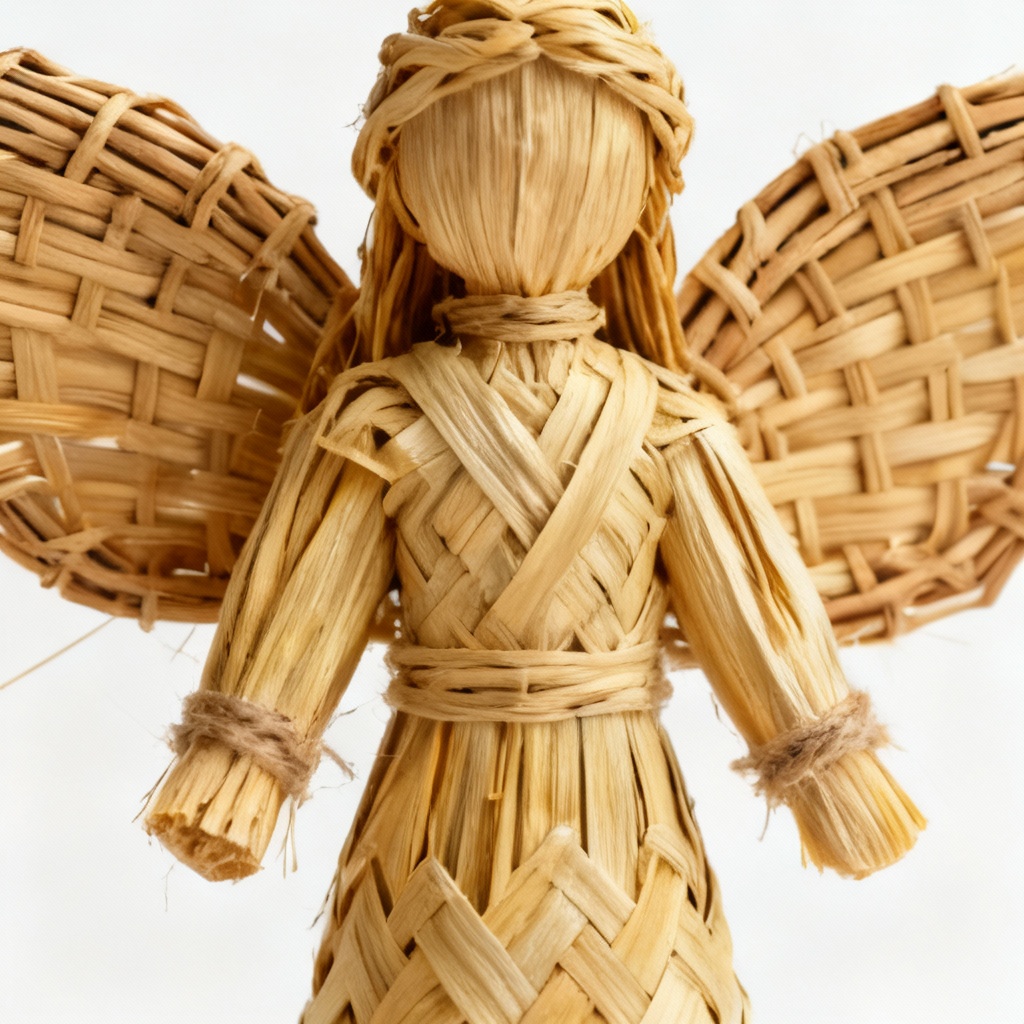 Natural Corn Husk Angel Figurine with Wicker Wings - Holiday Decor