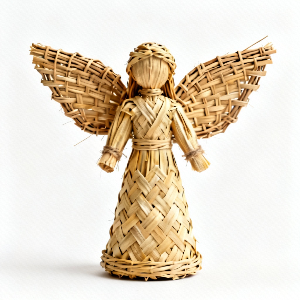 Natural Corn Husk Angel Figurine with Wicker Wings - Holiday Decor