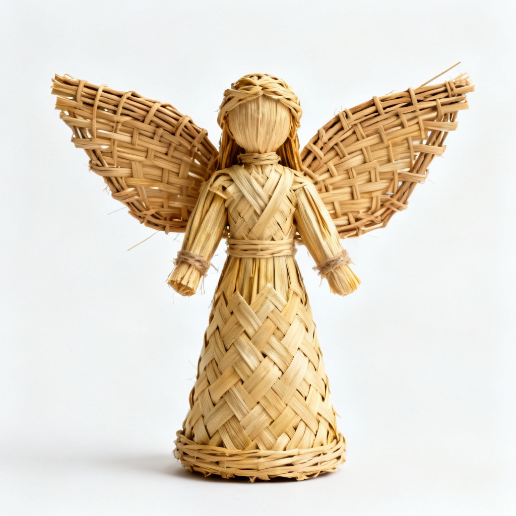 Natural Corn Husk Angel Figurine with Wicker Wings - Holiday Decor