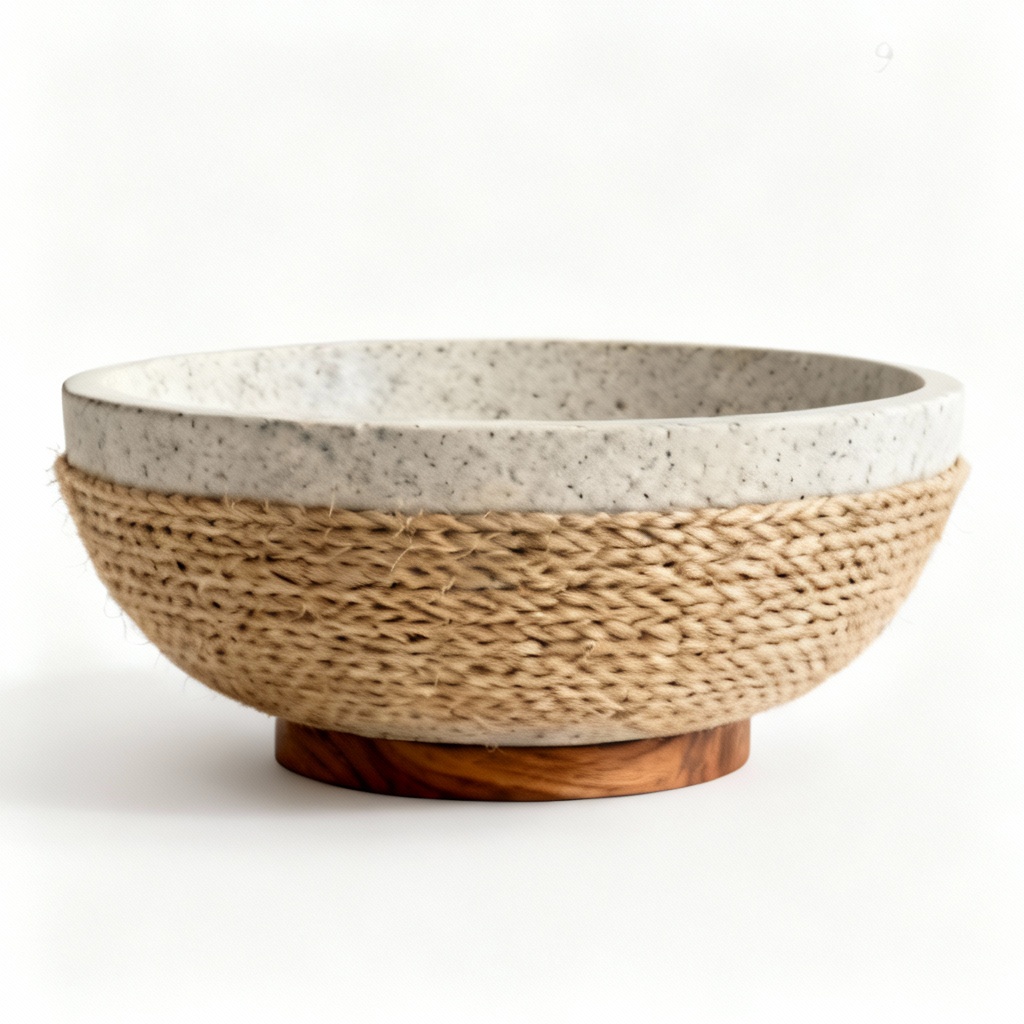 Natural Fiber Decorative Bowl with Wood Base - 9 Inch