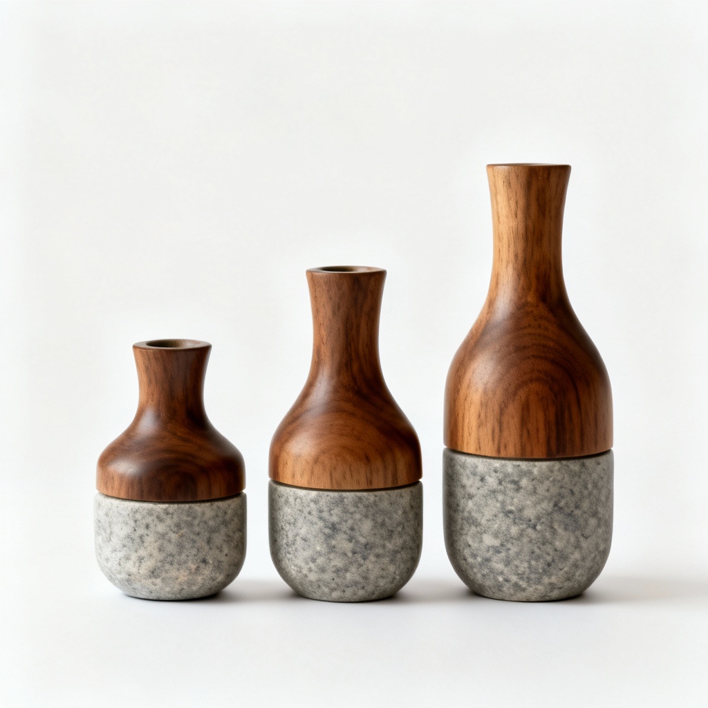 Natural Stone & Wood Bud Vases - Set of 3 - Minimalist Table Decor