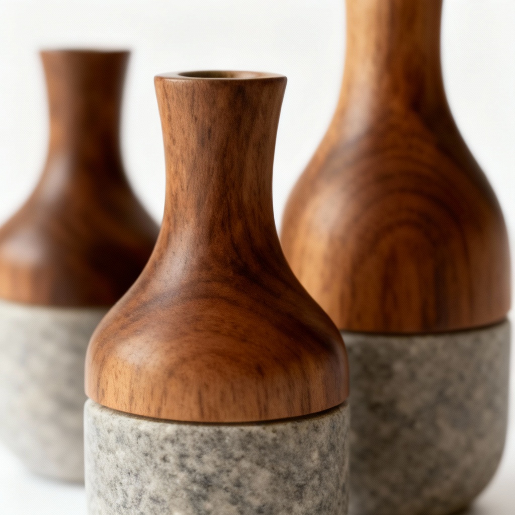 Natural Stone & Wood Bud Vases - Set of 3 - Minimalist Table Decor