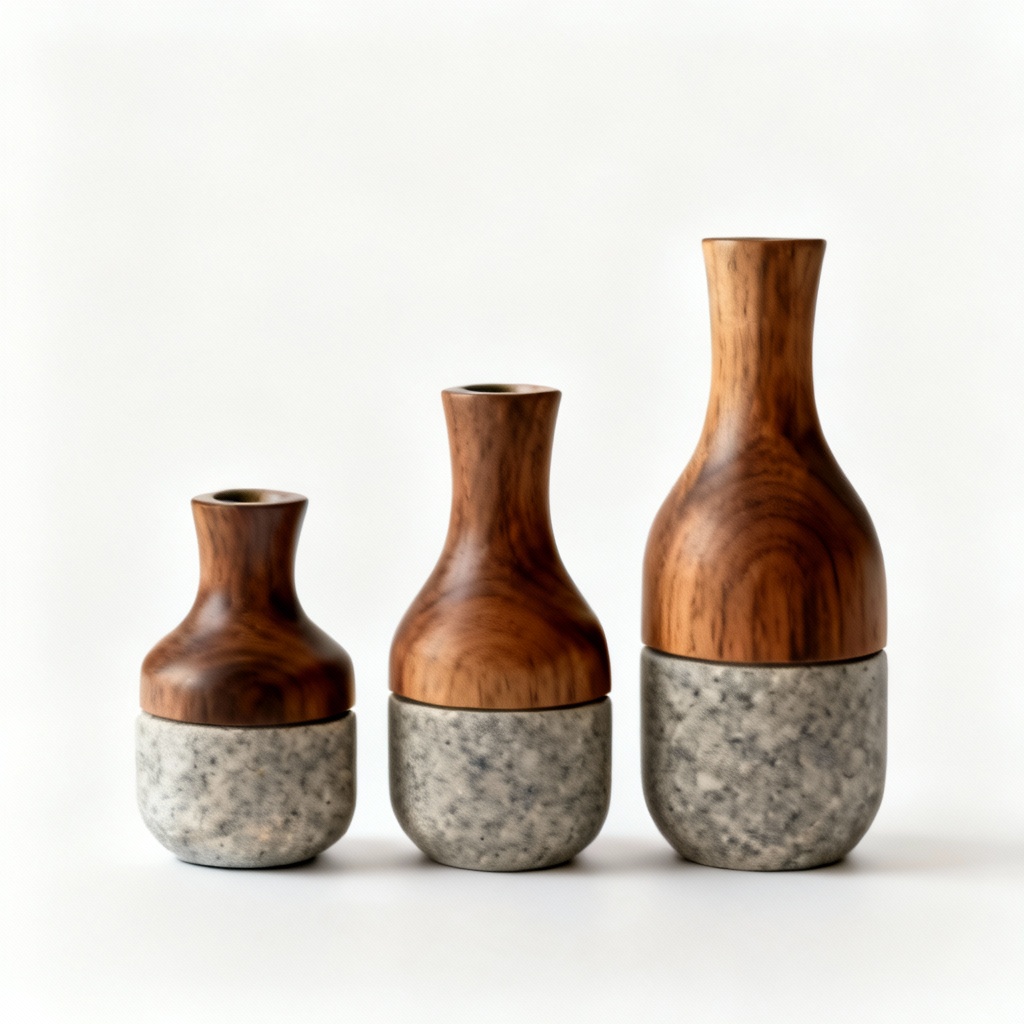 Natural Stone & Wood Bud Vases - Set of 3 - Minimalist Table Decor