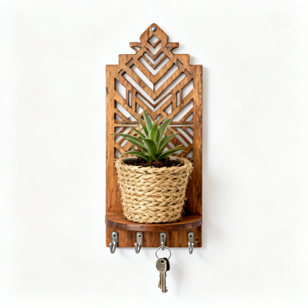 Natural Wood & Seagrass Tribal Key Holder with Miniature Planter - Wall Mounted