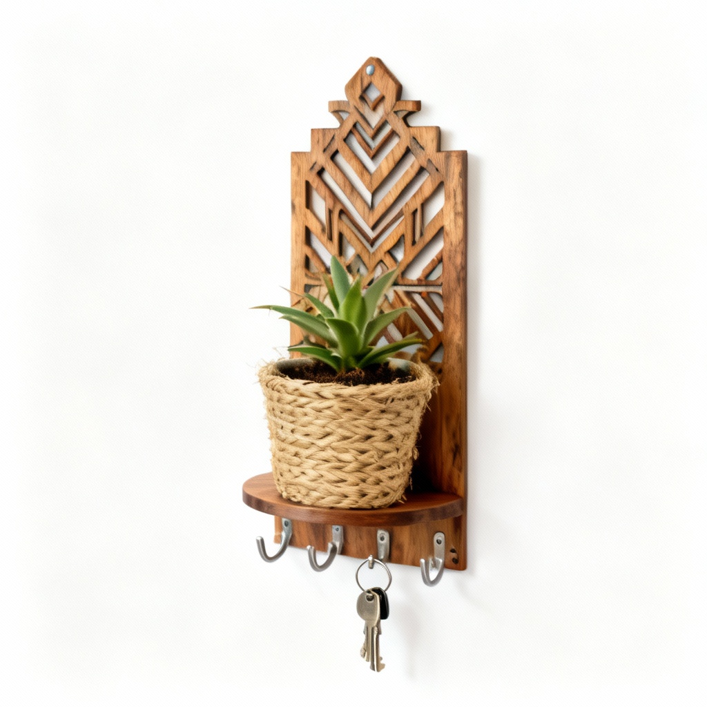 Natural Wood & Seagrass Tribal Key Holder with Miniature Planter - Wall Mounted