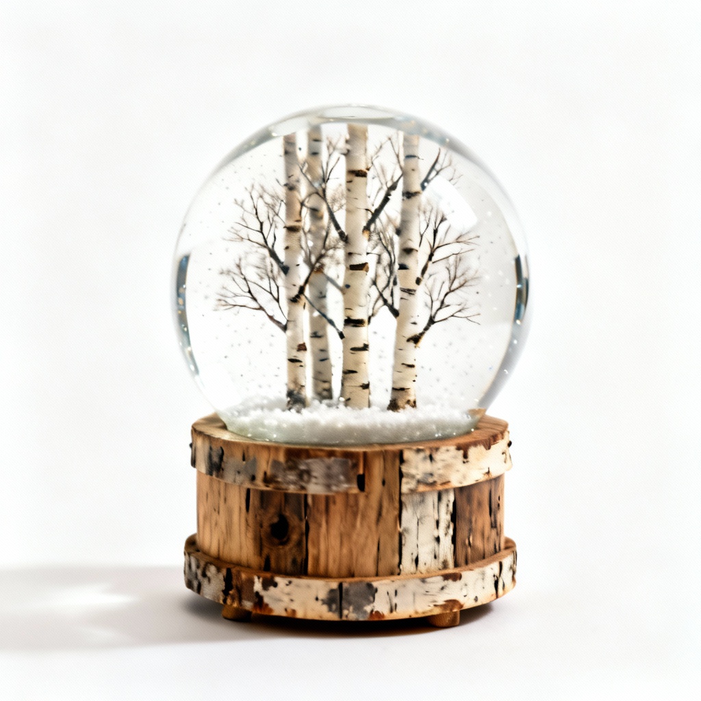 Reclaimed Wood Base Snow Globe - Birch Tree Scene - 4 Inch