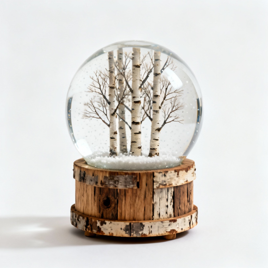 Reclaimed Wood Base Snow Globe - Birch Tree Scene - 4 Inch