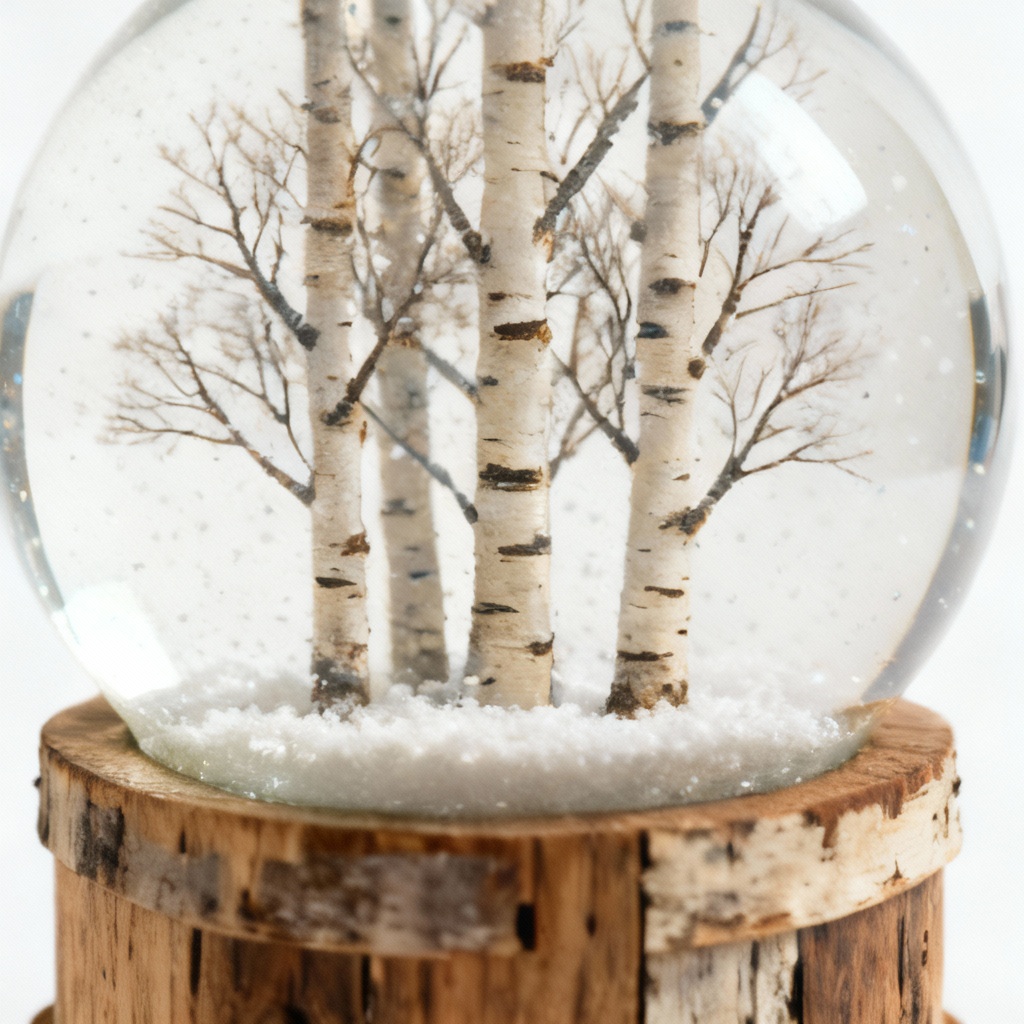 Reclaimed Wood Base Snow Globe - Birch Tree Scene - 4 Inch