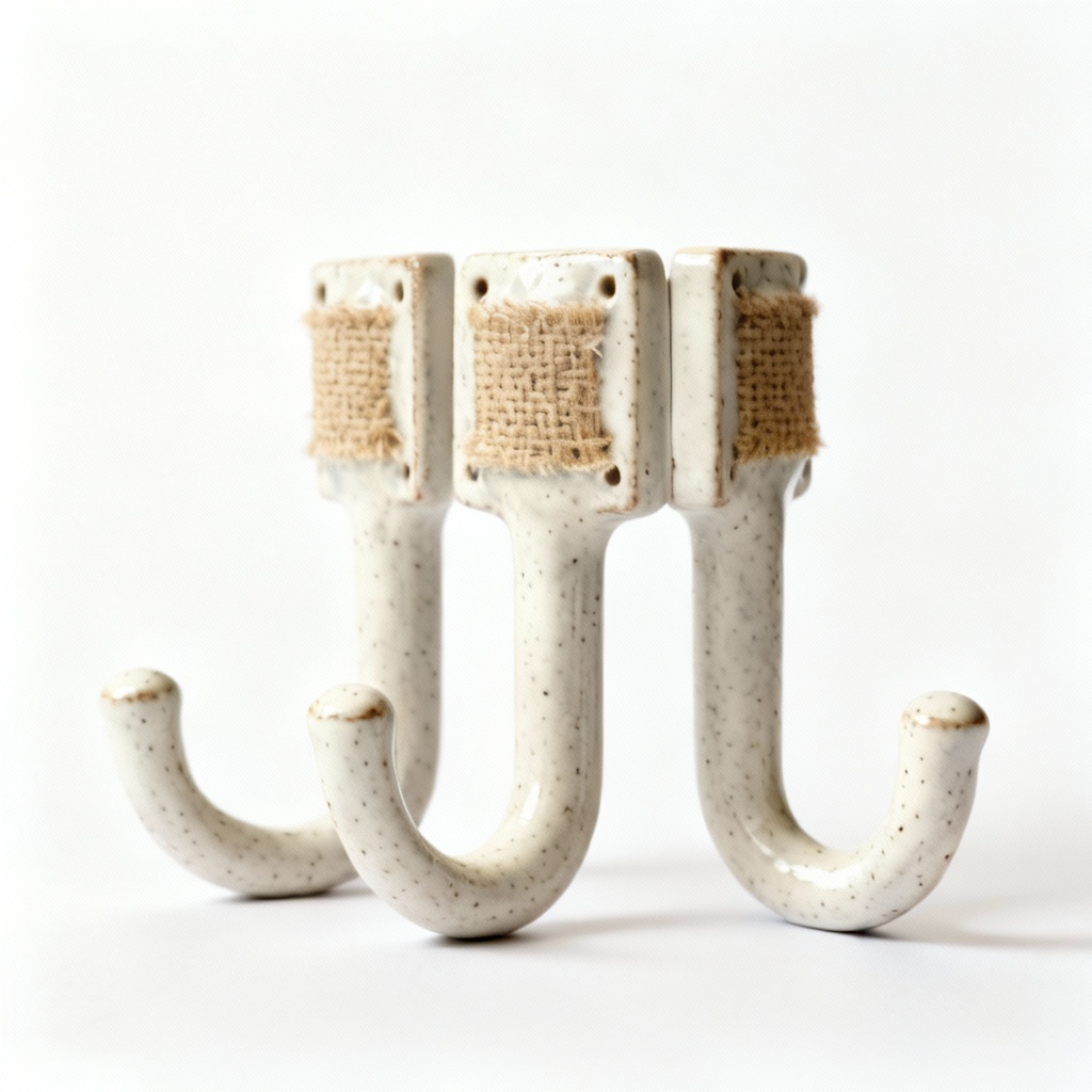 Rustic Ceramic Coat Hooks with Burlap Texture - Set of 3
