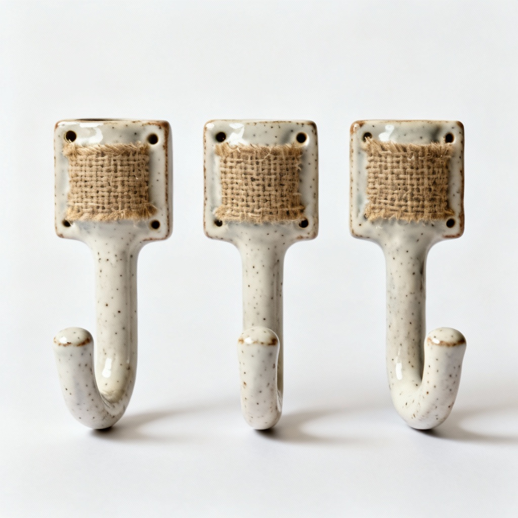 Rustic Ceramic Coat Hooks with Burlap Texture - Set of 3